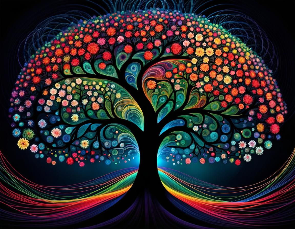 Mystical String Art Tree in a Flower Meadow