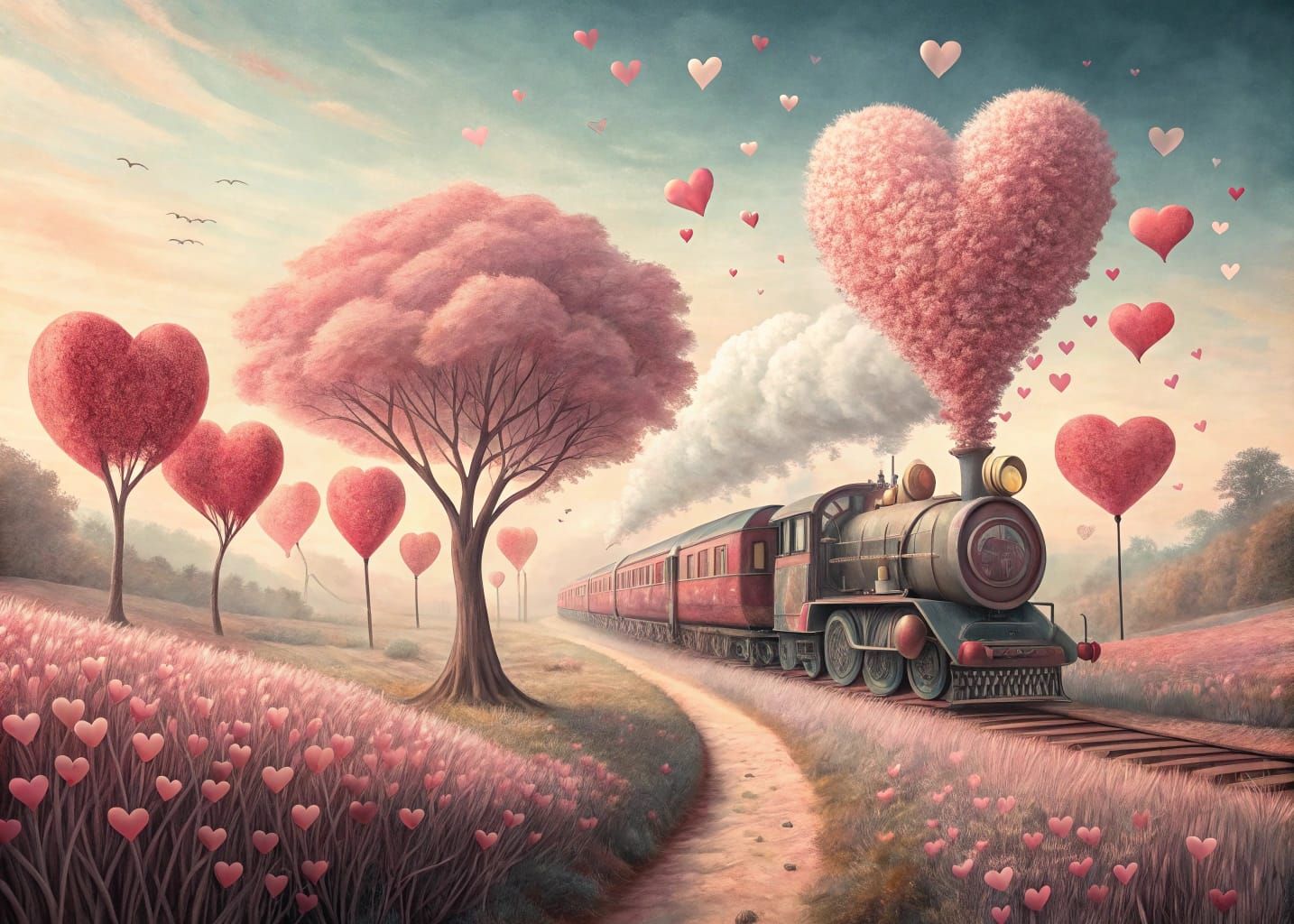Surreal Love Train Journey in Soft Pastel Hues