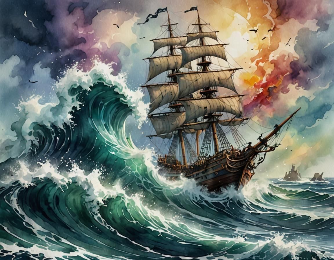 Galleon Confronts a Giant Rogue Wave