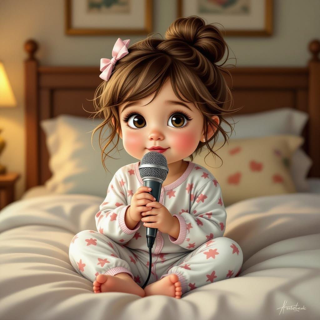 Adorable 2-Year-Old Girl With Microphone on Bed