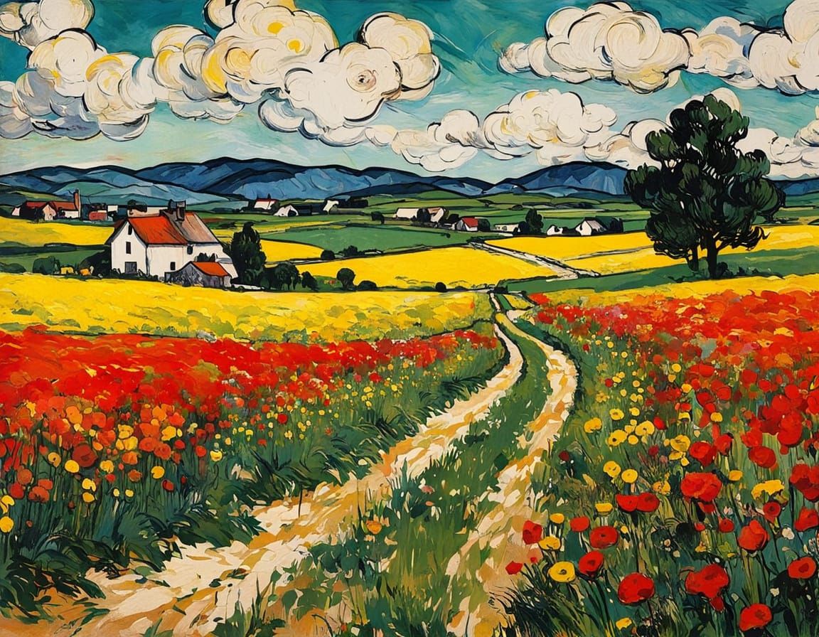 Grunge Spring Landscape with Pop Art Flowers