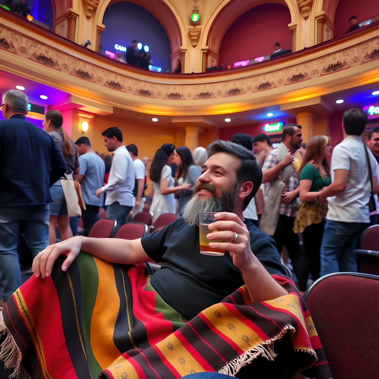 Man with Blanket Enjoying Theater Ambiance