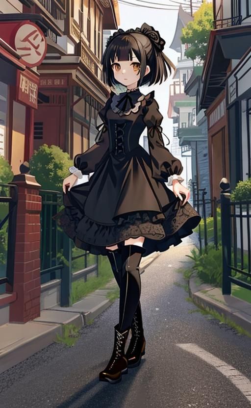 Anime Girl in Gothic Dress Walking Confidently