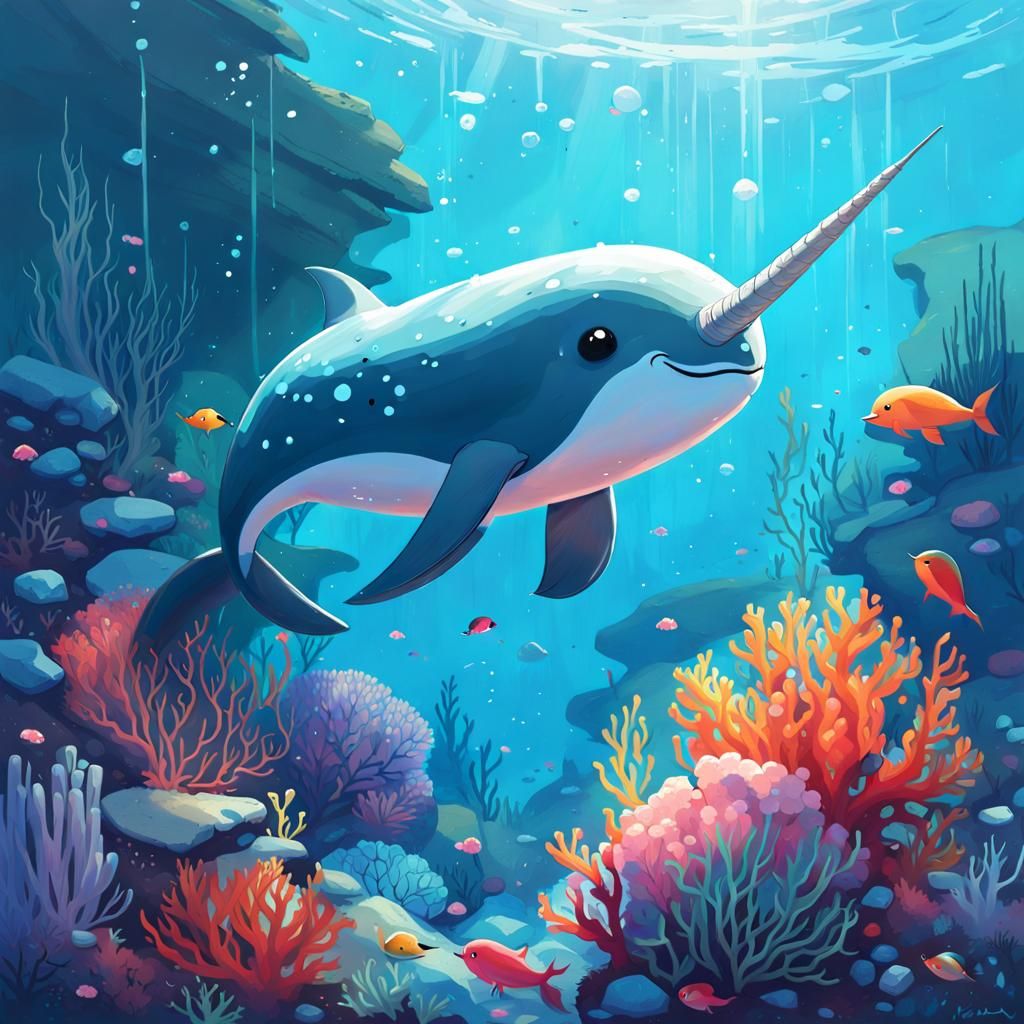 Chibi Narwhal in Arctic Coral Reef: Gouache Painting