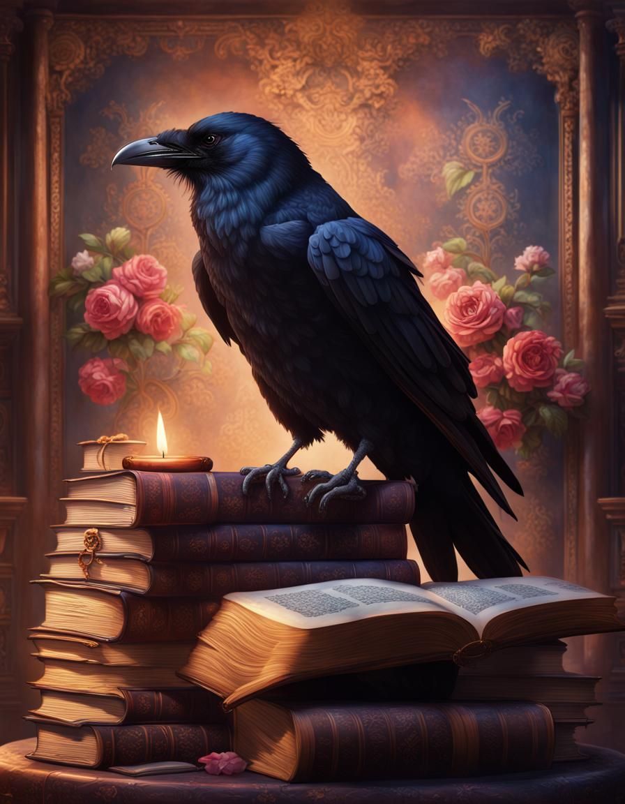 Dark Academia Raven with Poetry Scroll