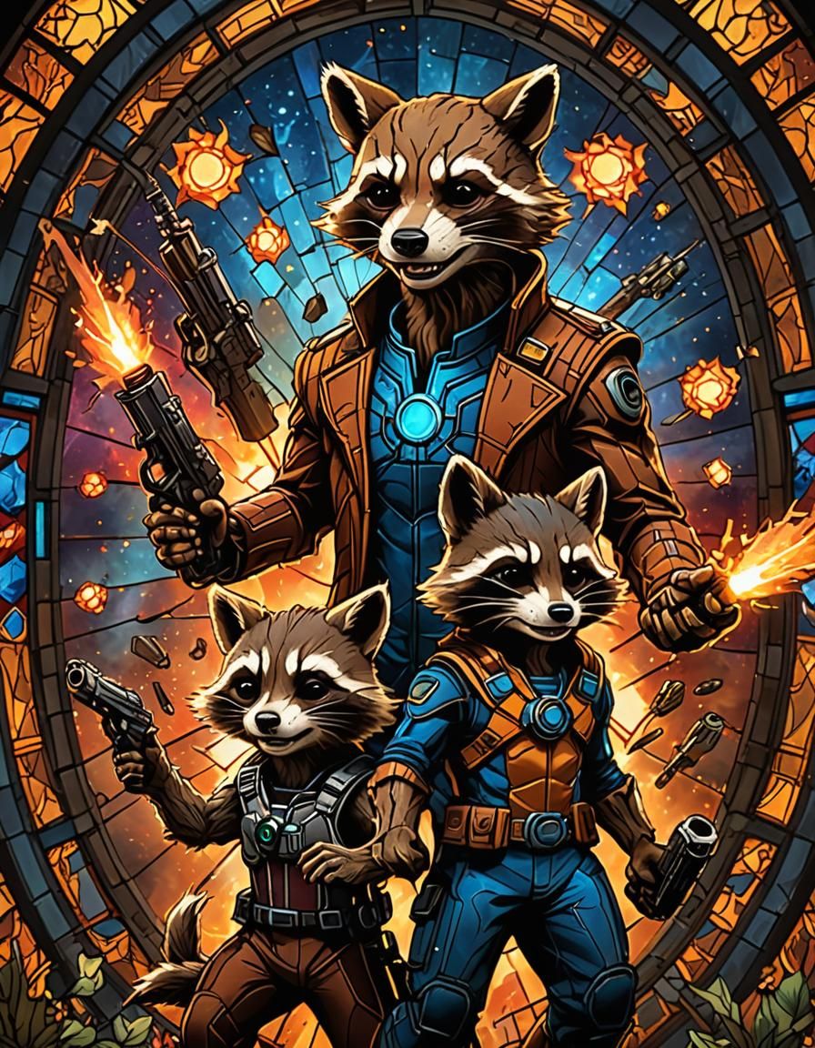 Groot and Rocket Raccoon Stained Glass Artwork
