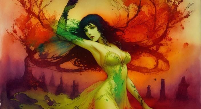 Fairy Dancing at Stonehenge in Alcohol Ink Style