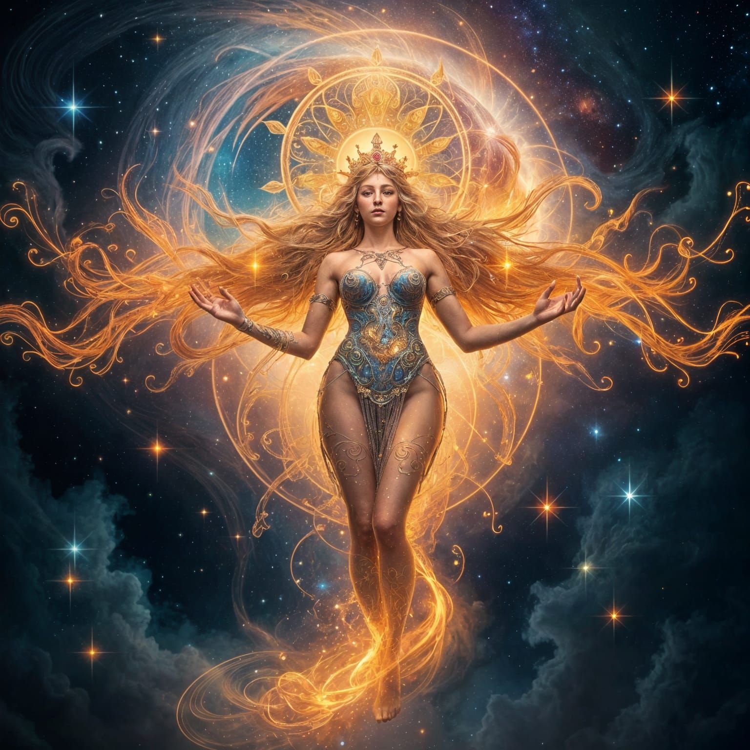 Cosmic Goddess Emerges from Nebula in Art Nouveau Style