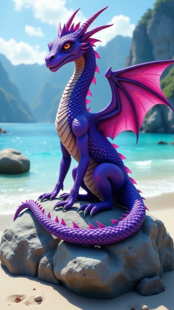 Regal Purple Dragon Basks on Beach Boulder