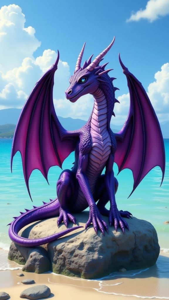 Majestic Purple Dragon Reigns Over Tropical Beach Landscape