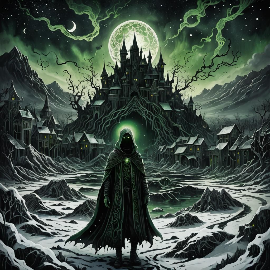 Eerie Dark Fantasy Landscape in Black and White