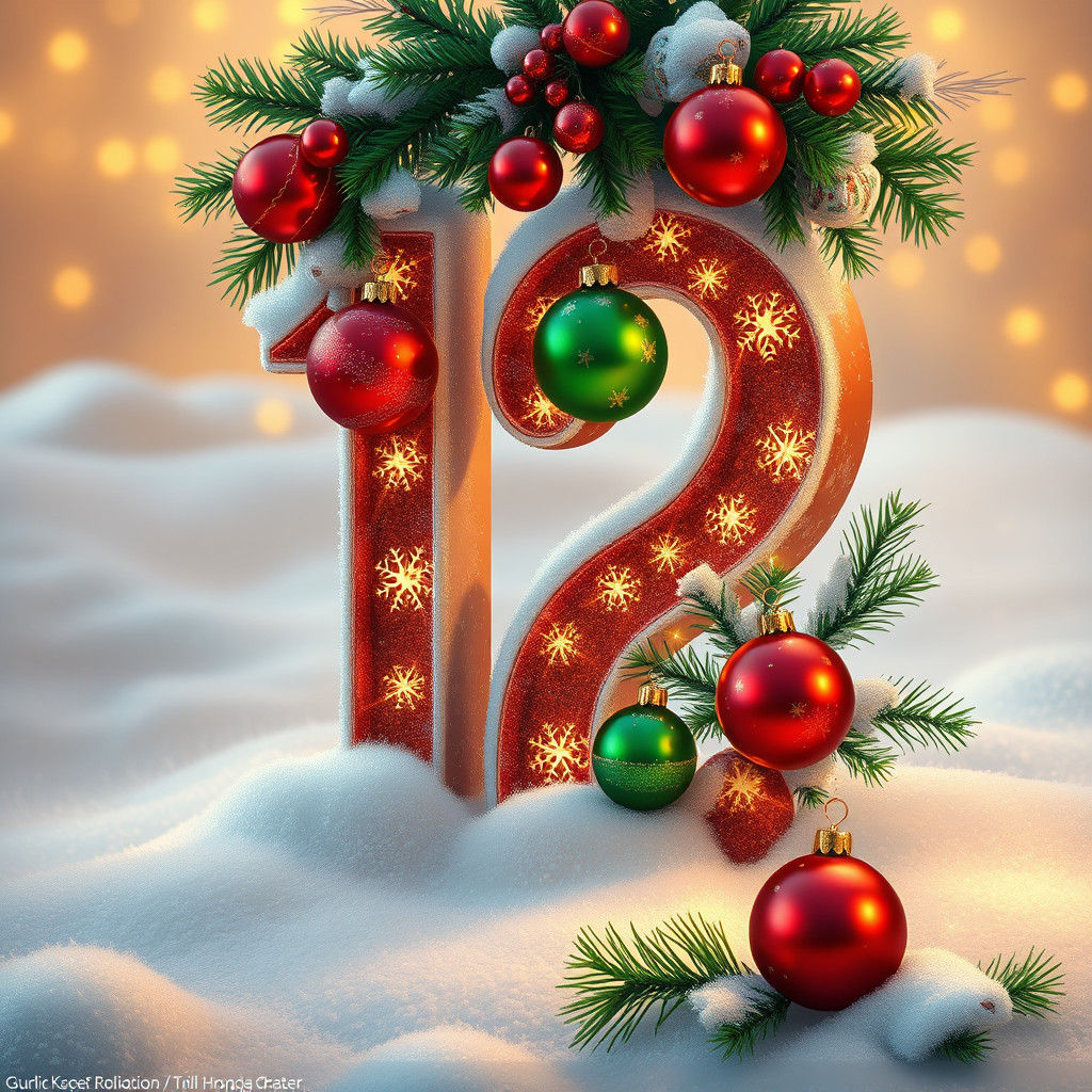 Festive Christmas Number 12 with Ornaments and Snow