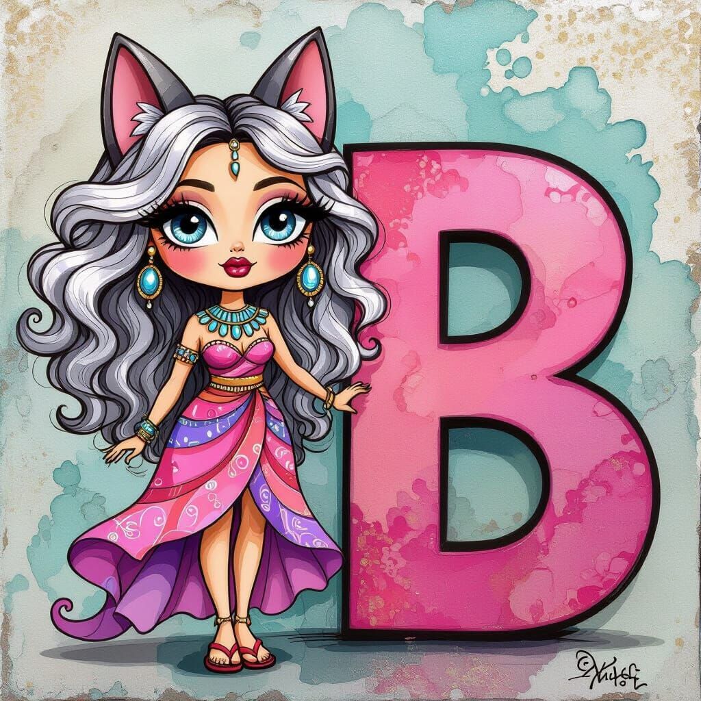 Whimsical Folk Art: Bastet with Letter B