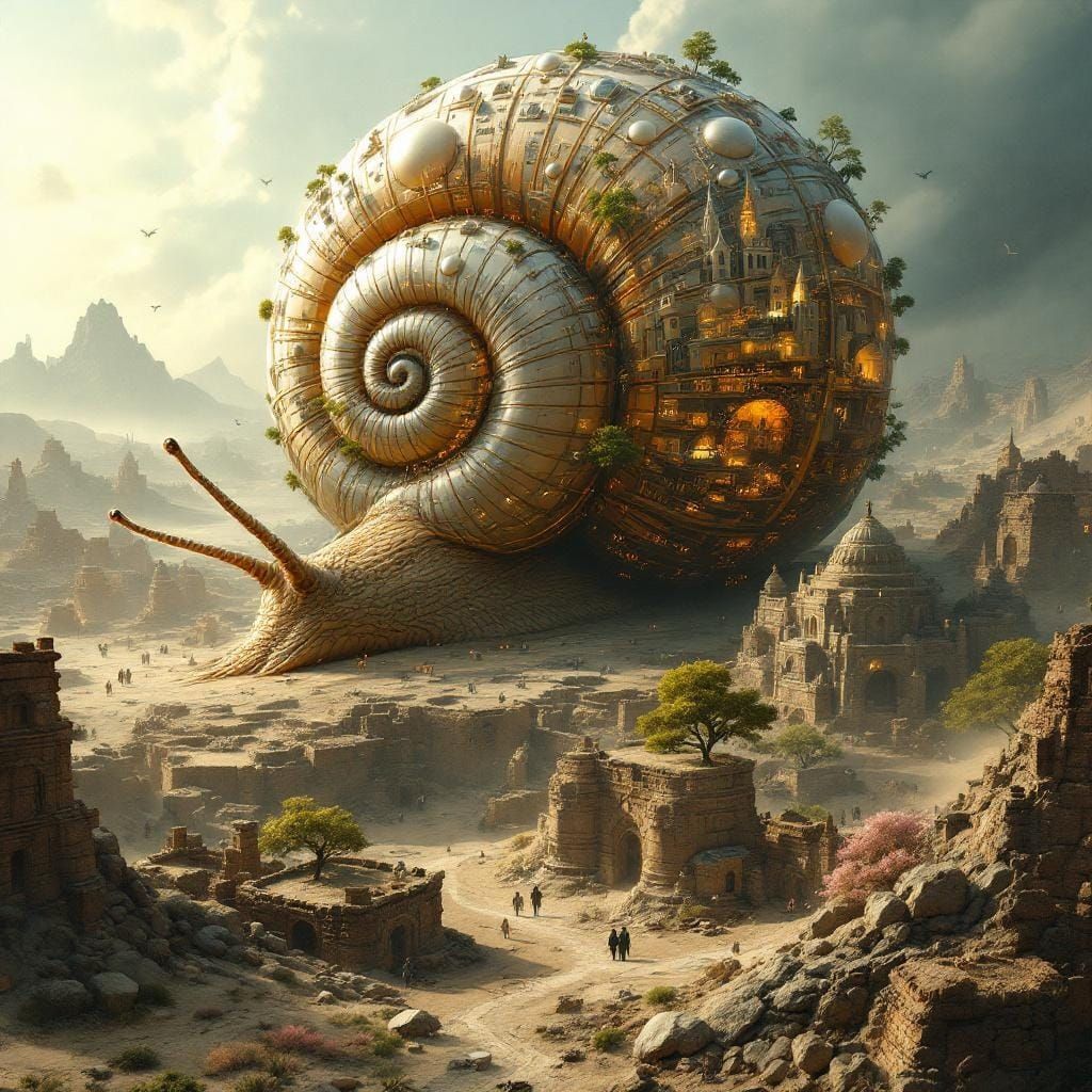 Giant Snail City Gliding Over Ancient Ruins