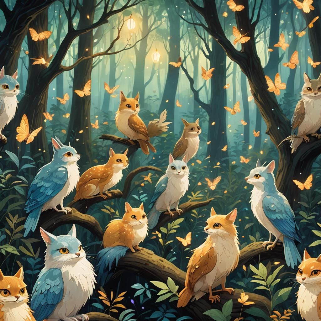 Magical Creatures Gather in Mystical Forest
