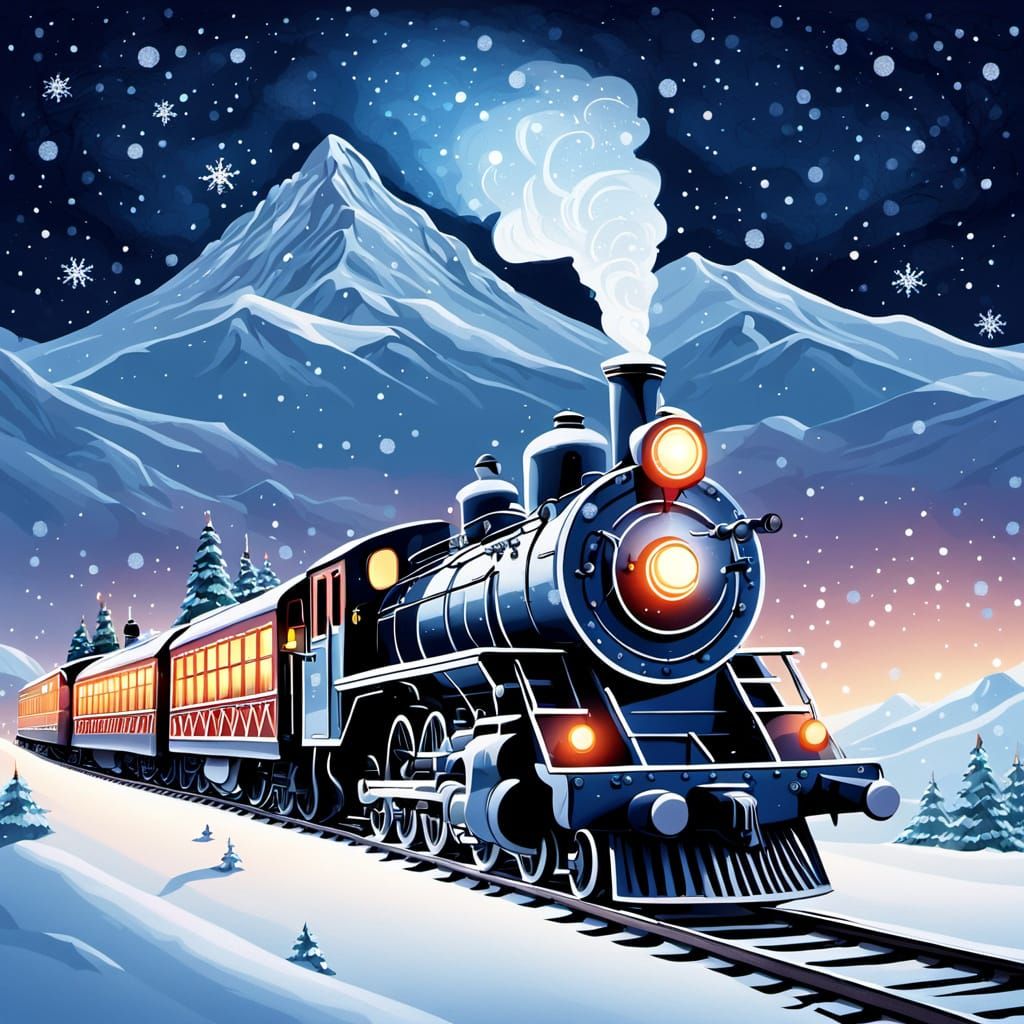 Festive Train Travels Icy Plain Under Starry Sky