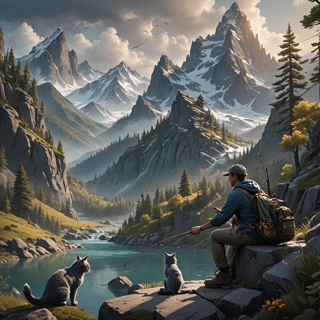 Fisherman and Cat in Mountain Landscape
