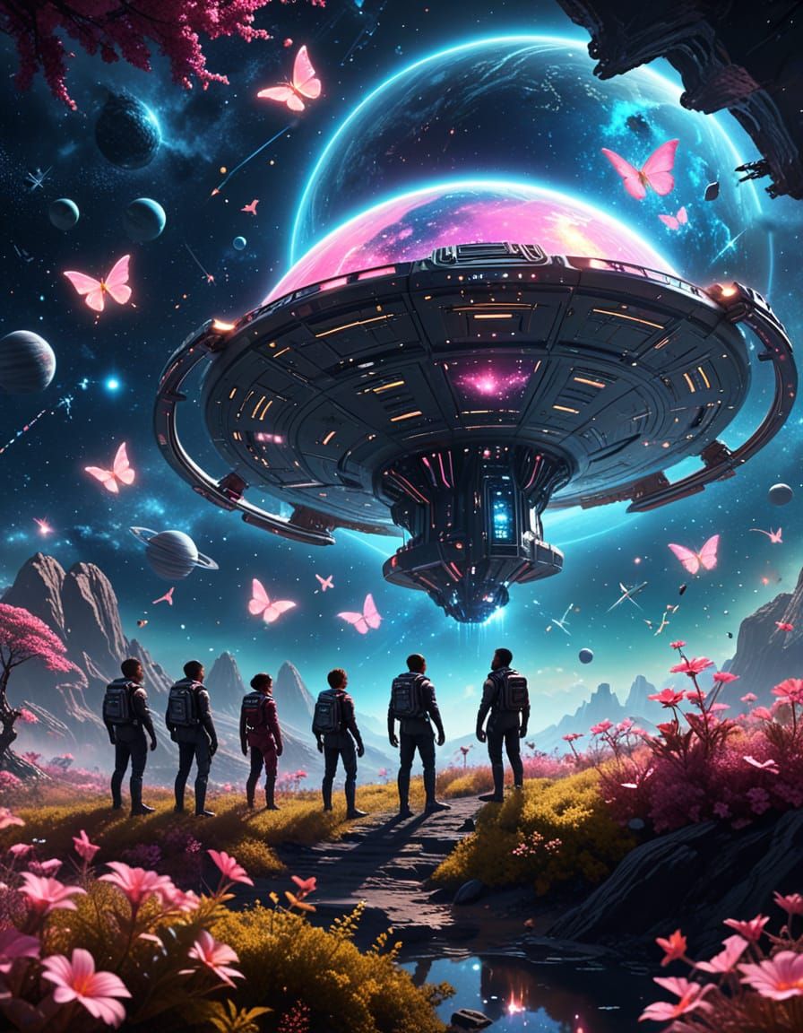 Diverse Starship Crew Exploring Alien Planet