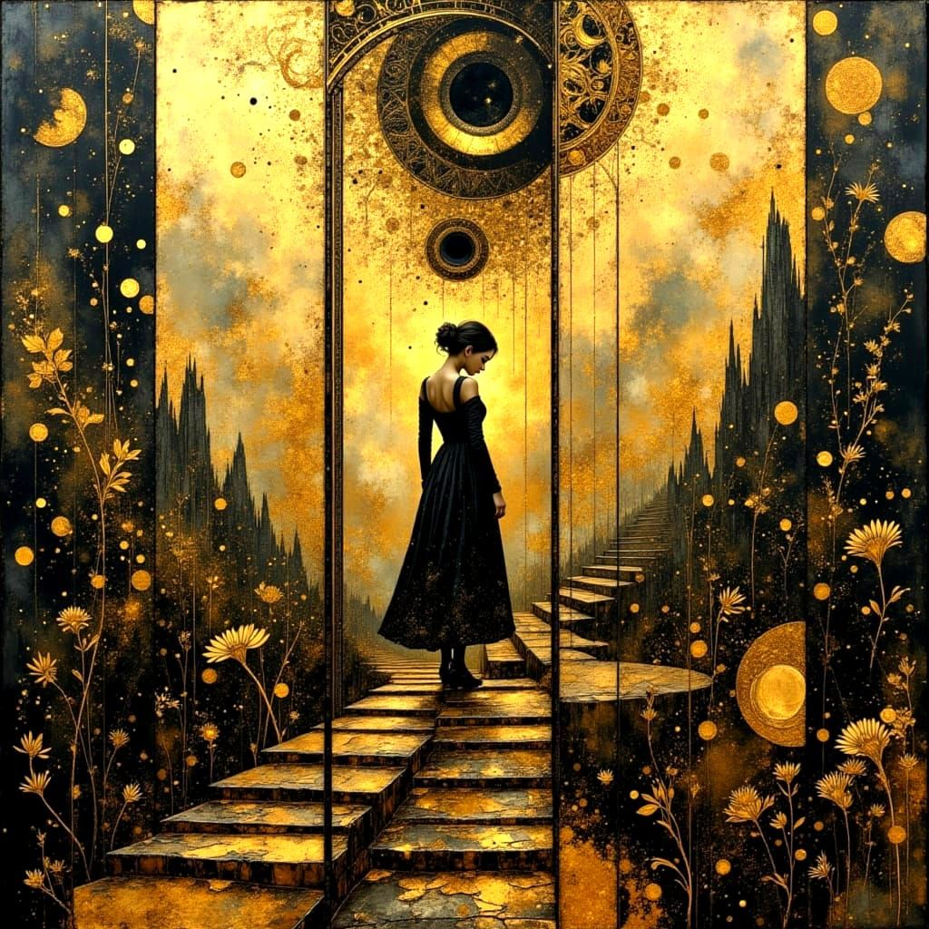 Surreal Triptych of Dreamlike Worlds in Gold