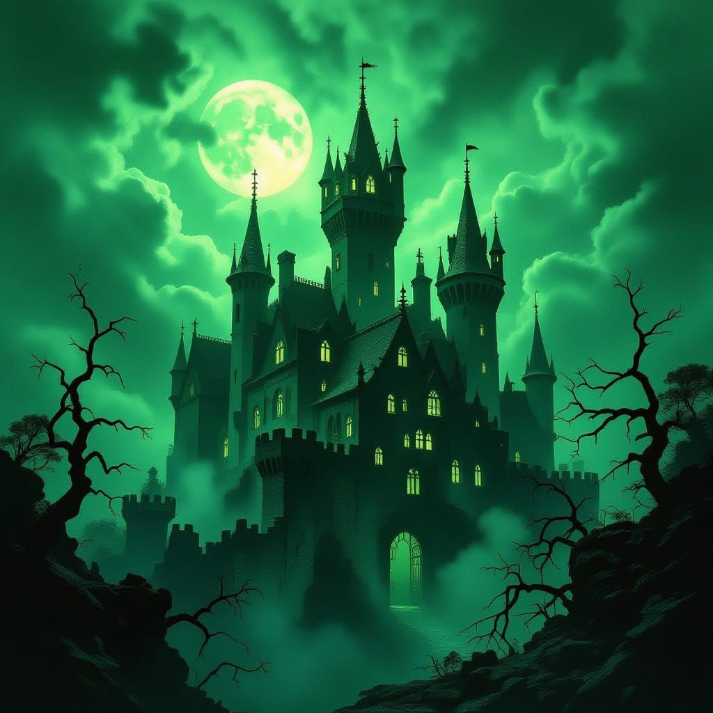 Gothic Nightmare Castle Under Stormy Sky