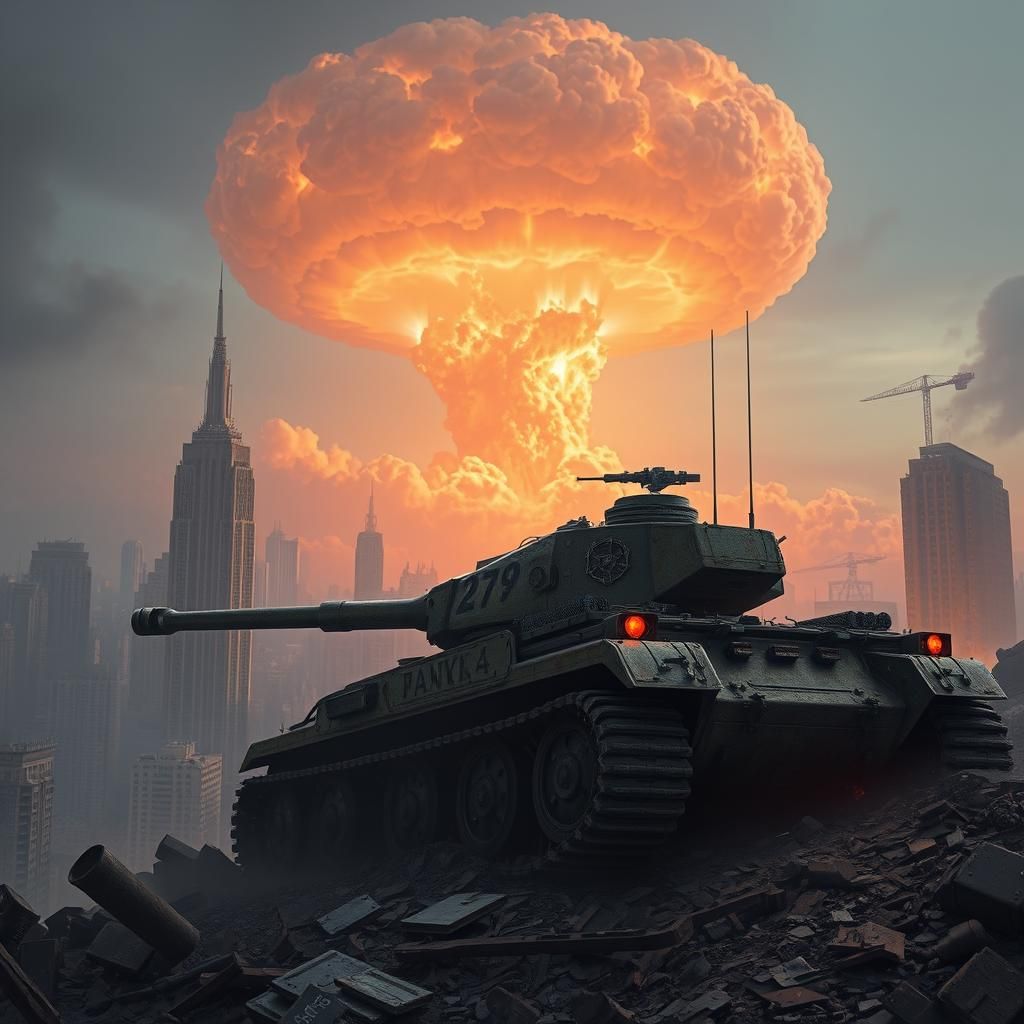 Dystopian Tank Amidst Futuristic Destruction