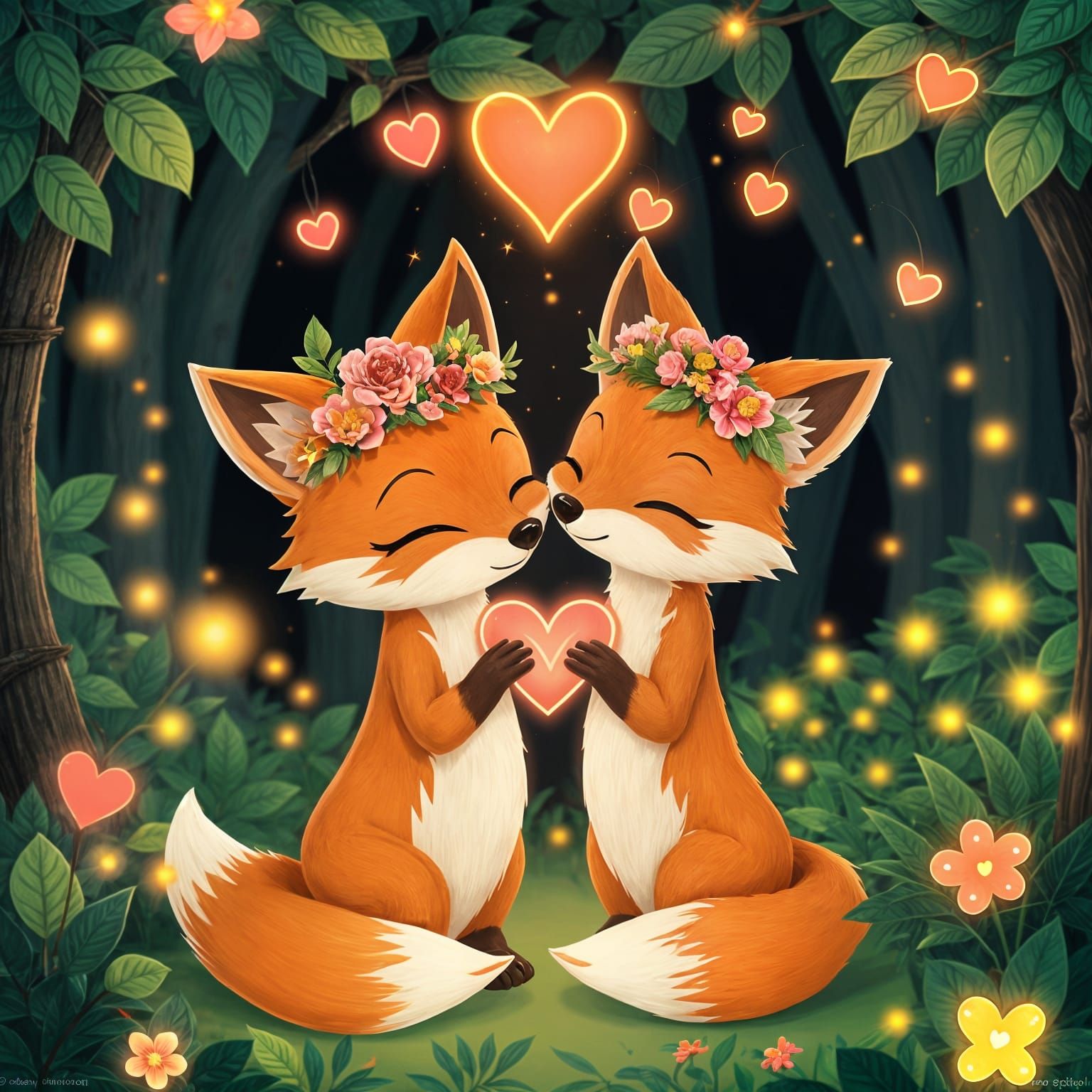 Cartoon Foxes Snuggling in Enchanted Forest