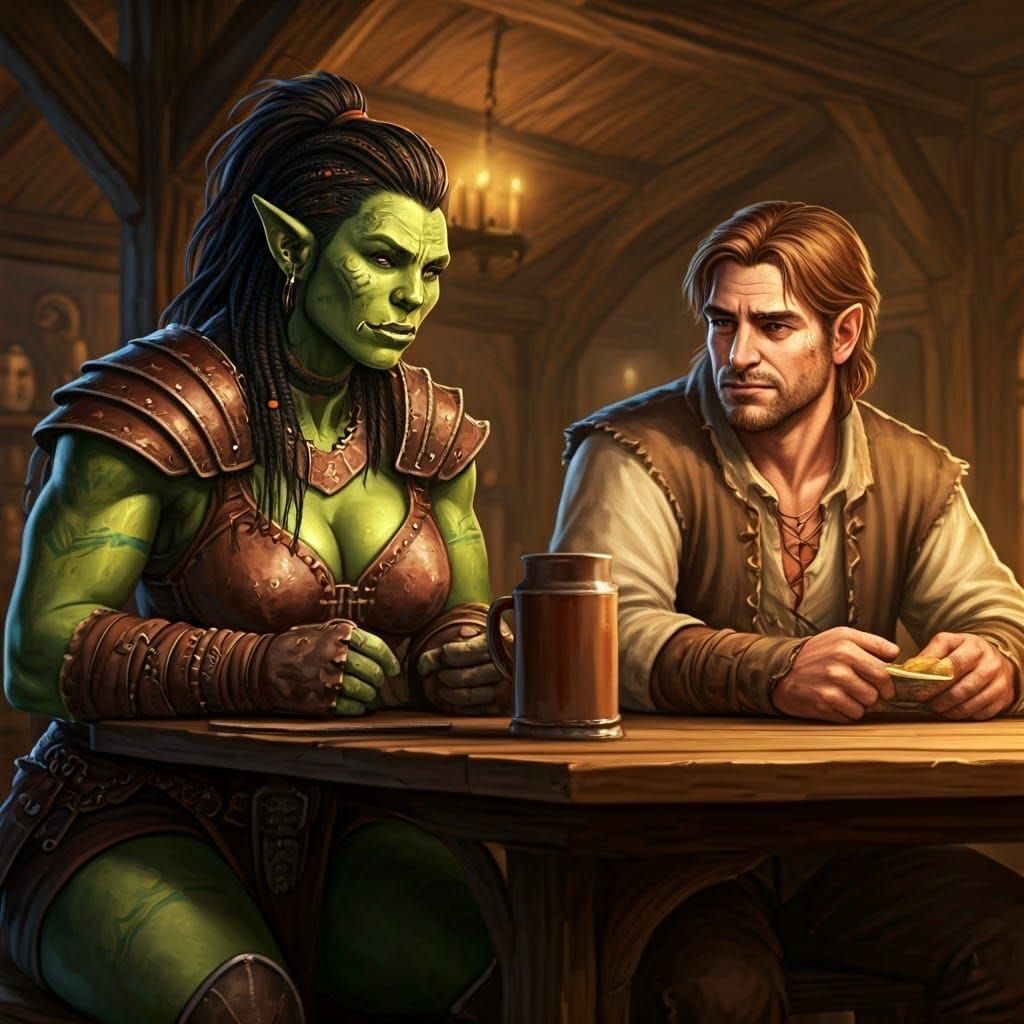 Orc Warrior and Human Traveler Share Tales at a Fantasy Inn