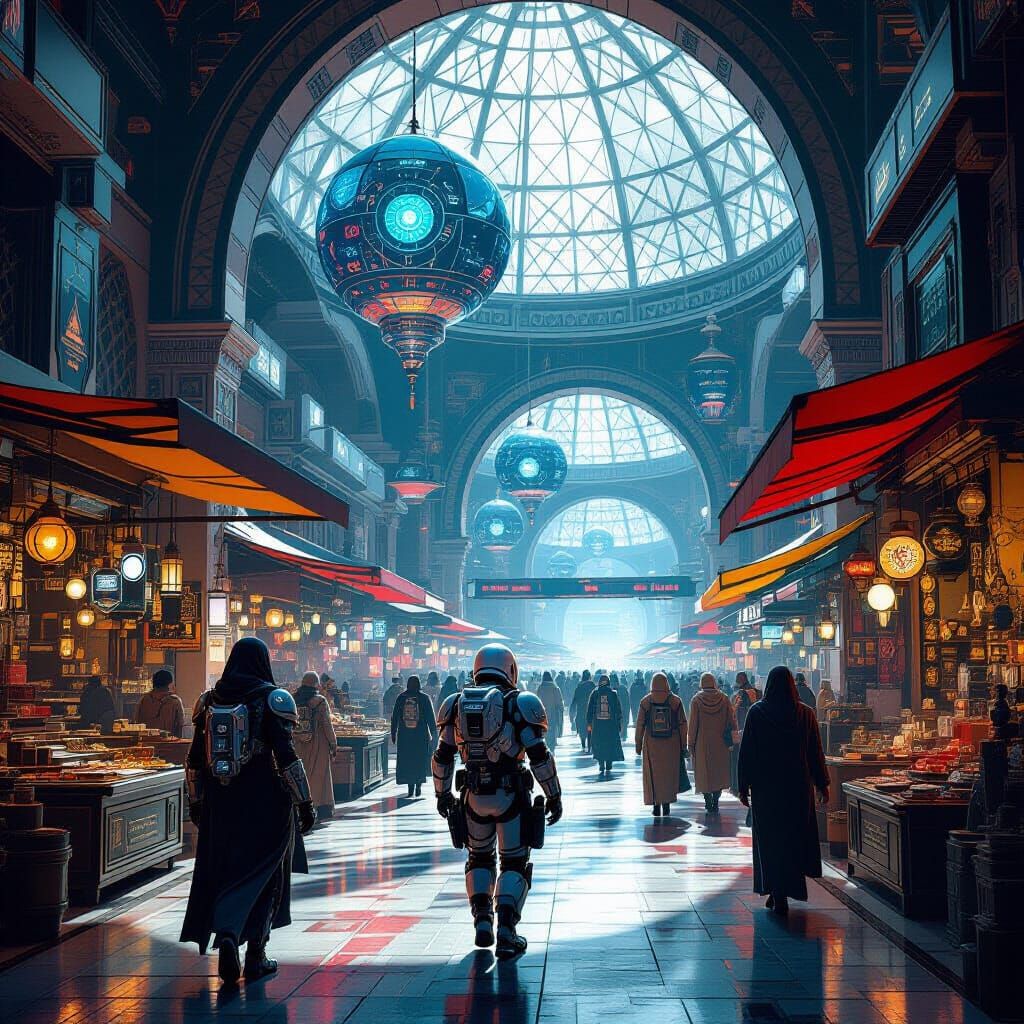 Bustling Martian Bazaar Under Cyberpunk Dome