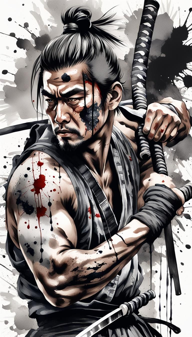 Samurai Warrior Portrait in Watercolor and Ink