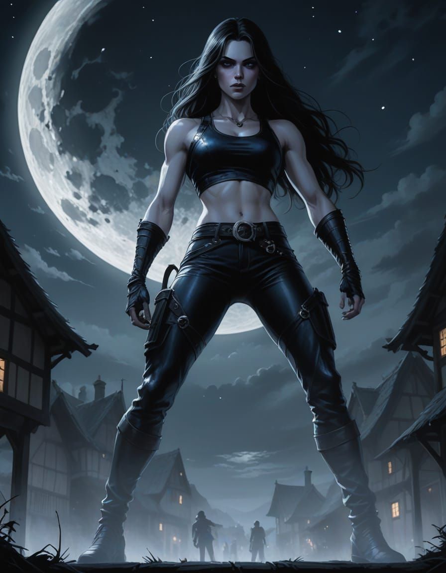 Medieval Fantasy Woman Under Full Moon UFOs