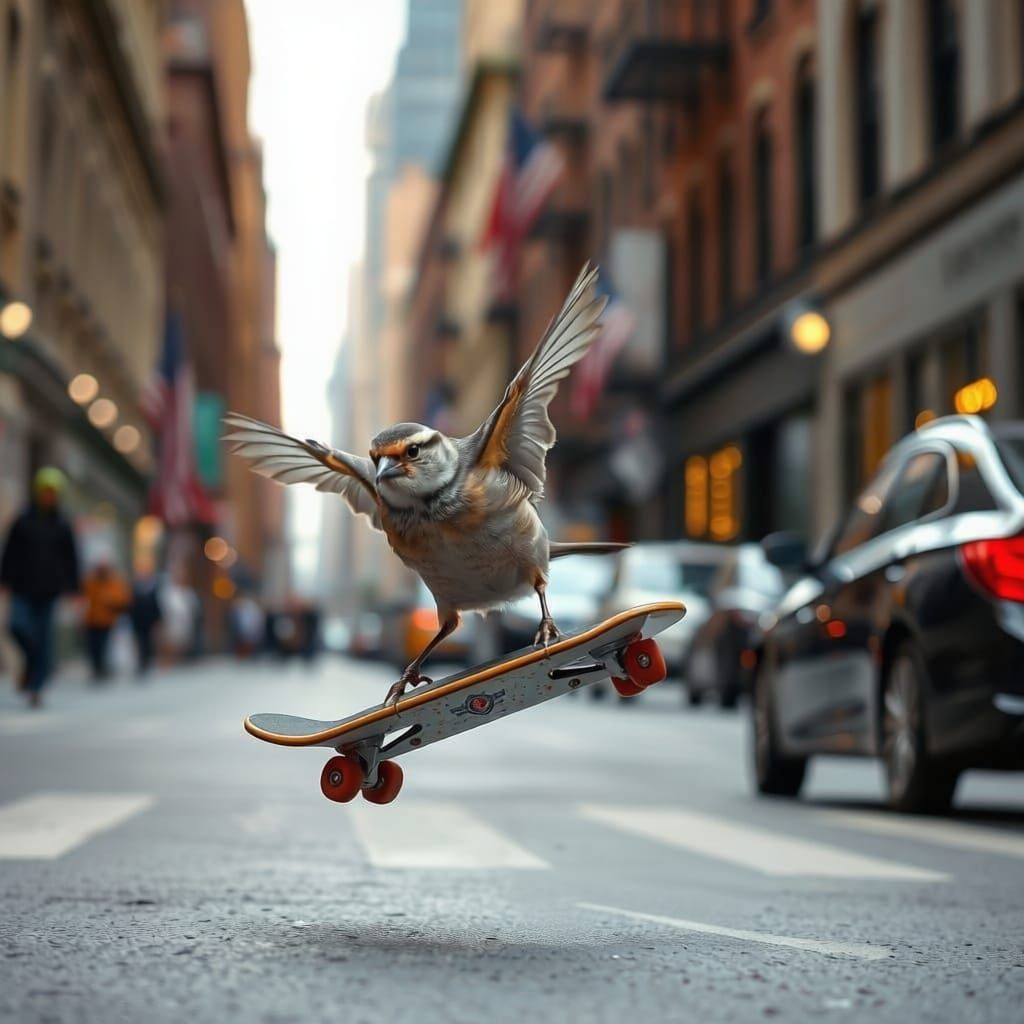 Sparrow Skateboarder Flips Board on NYC Street