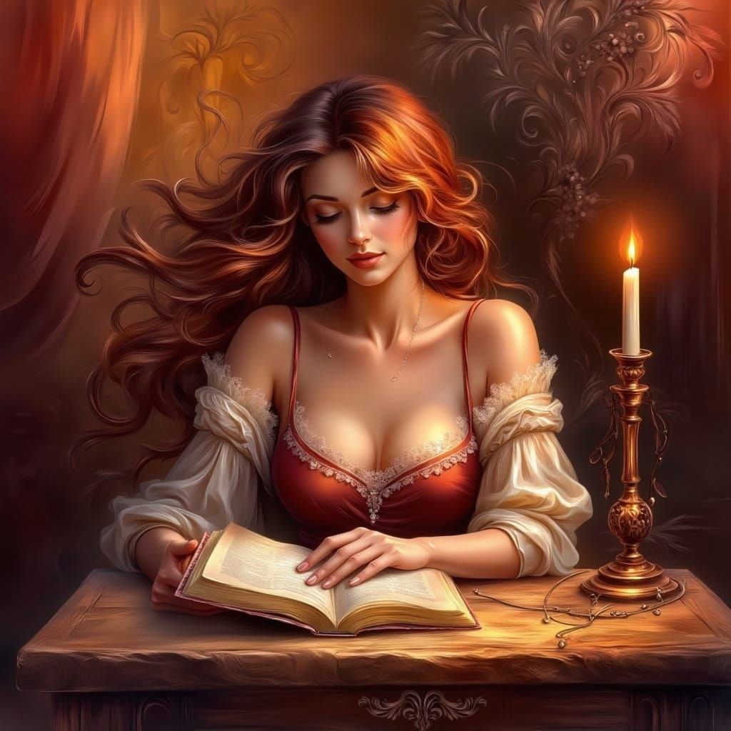 Woman Reading by Candlelight in Warm, Rich Colors