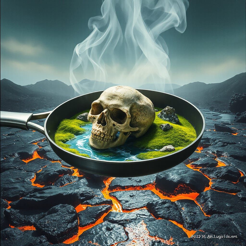 Surreal Landscape with Skulls in Frying Pan