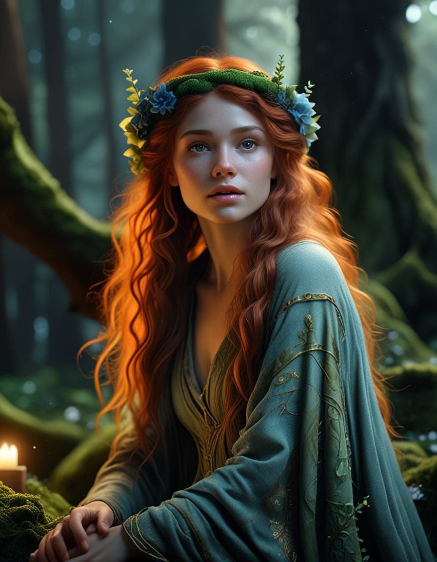 Enchanting Dryad in Bioluminescent Forest, Art Nouveau