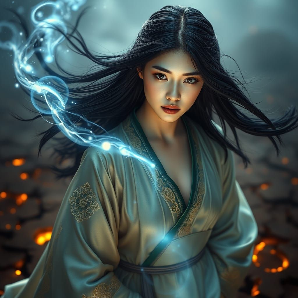 Empowered Woman in Ancient Chinese Dress with Blue Aura