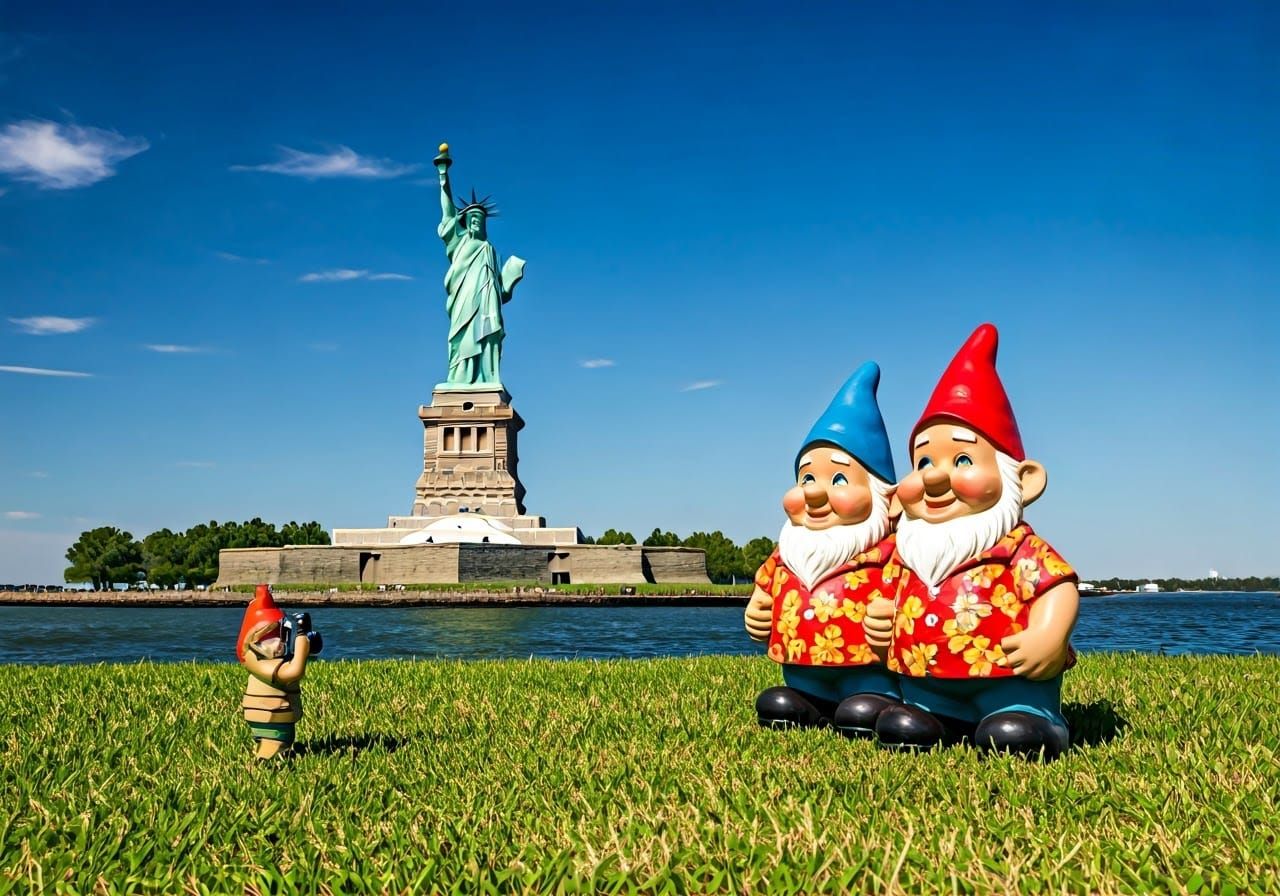 Garden Gnomes on Holiday at Liberty Island