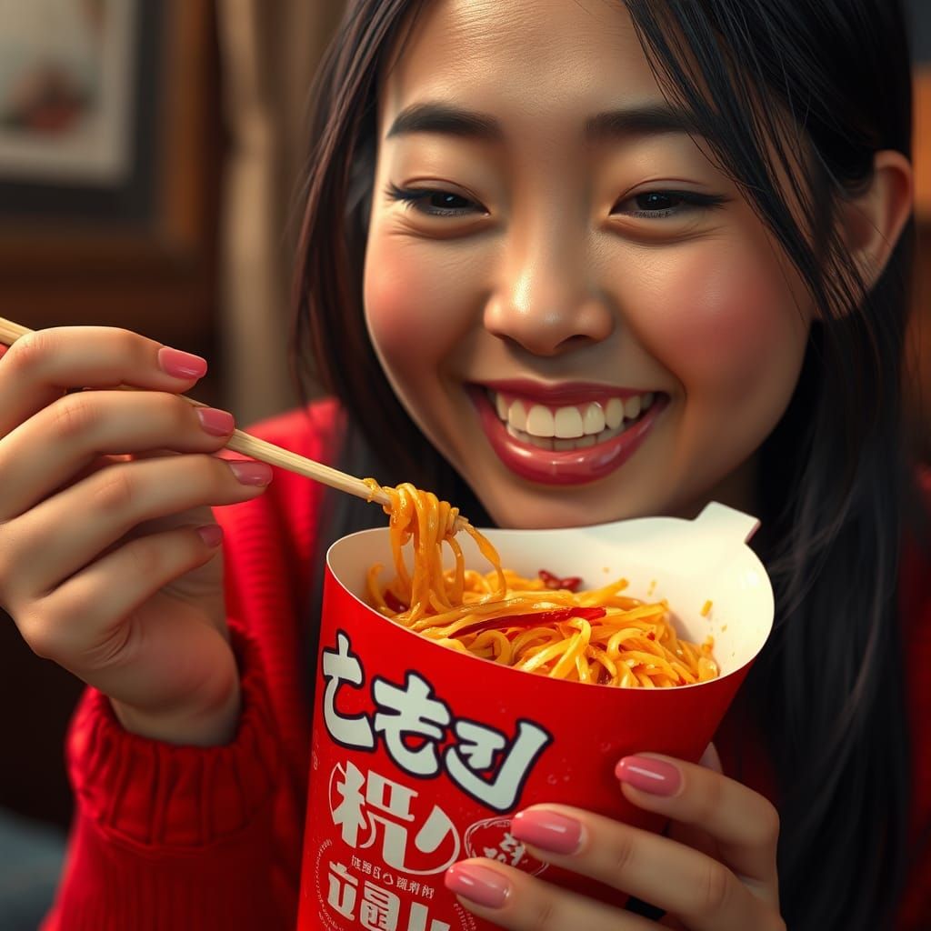 Asian Girl Enjoys Spicy Noodles: Matte Painting