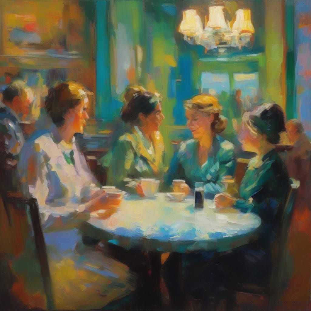Impressionist Cafe Scene with Neon Accents