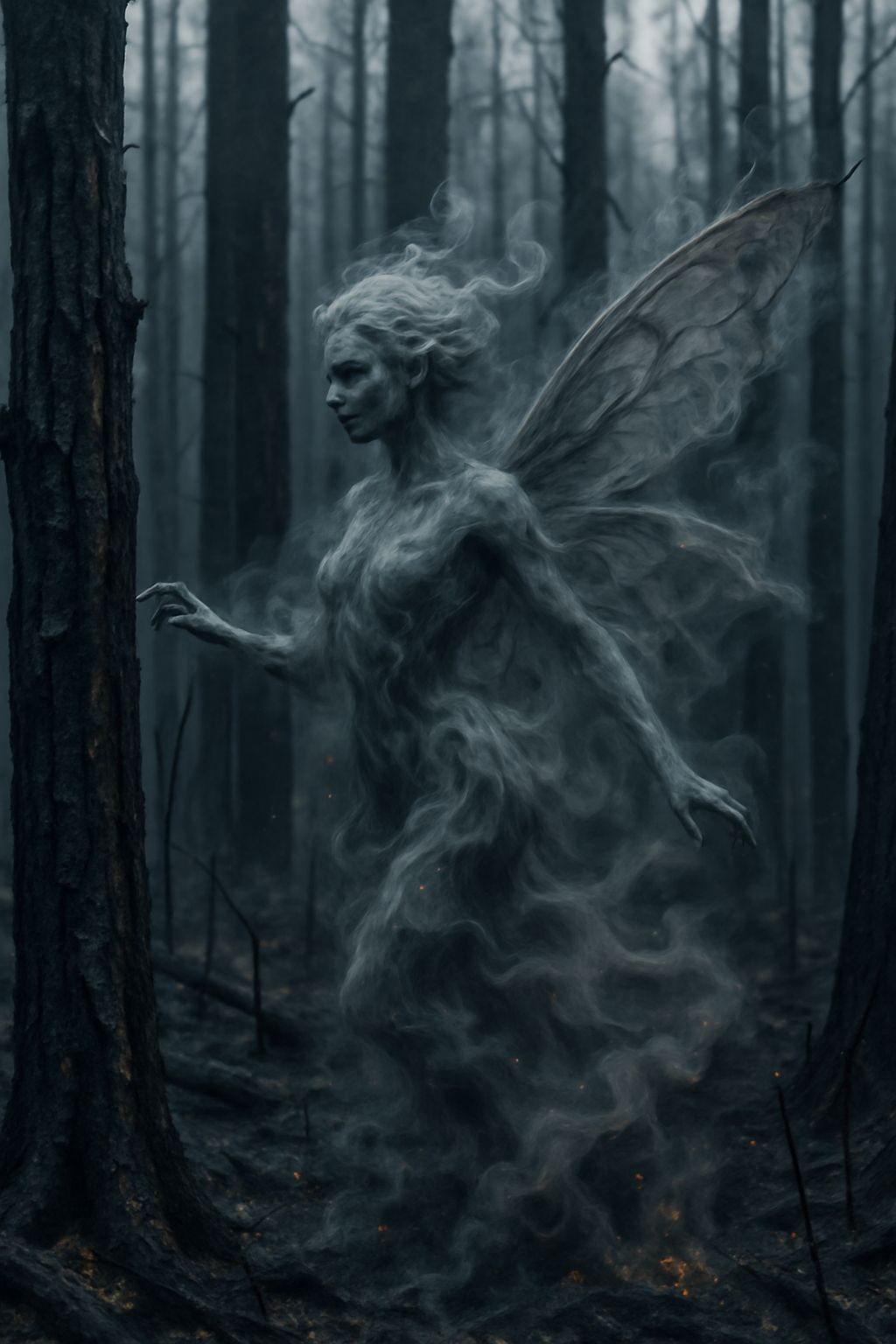 Ash Fairy in Charred Forest, Hyperrealistic