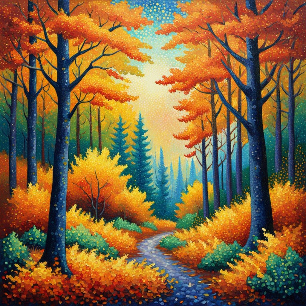 Autumn Forest in Pointillist Style