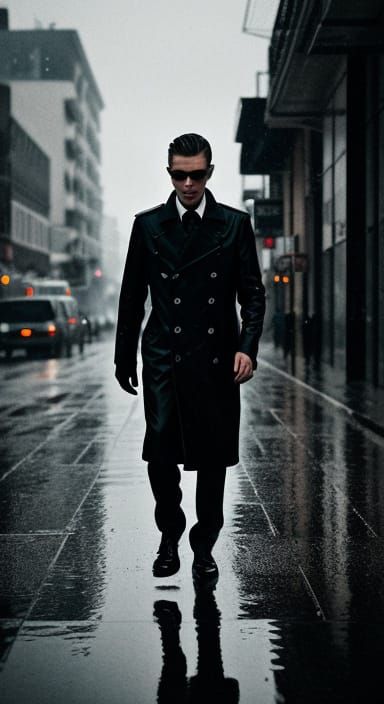 Solitary Man in Film Noir Urban Scene