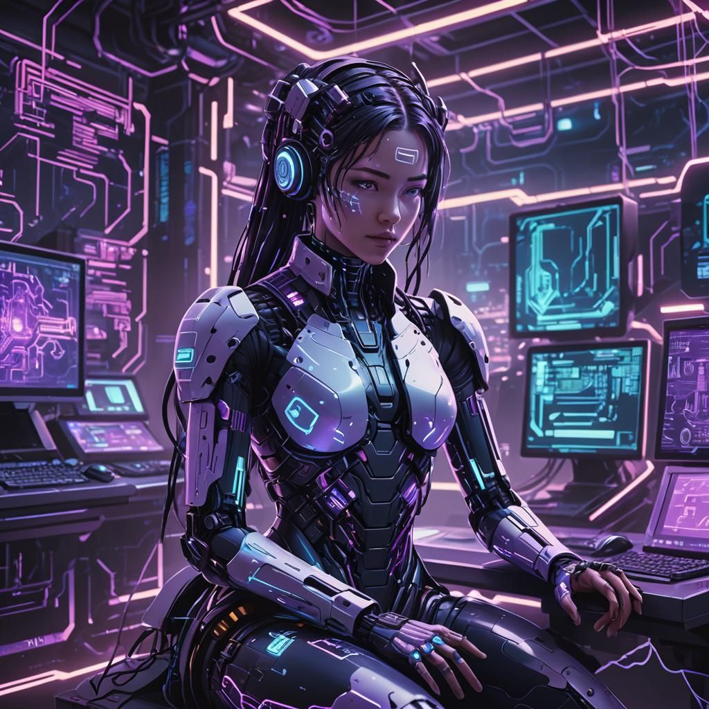 Cyberpunk AI Entity Coding in Neon Cityscape