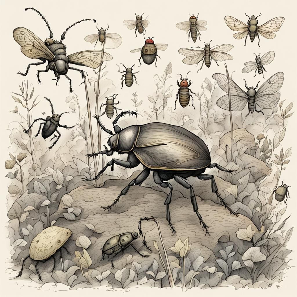Creepy Colorful Doodle Sketch of Beetles and Insects