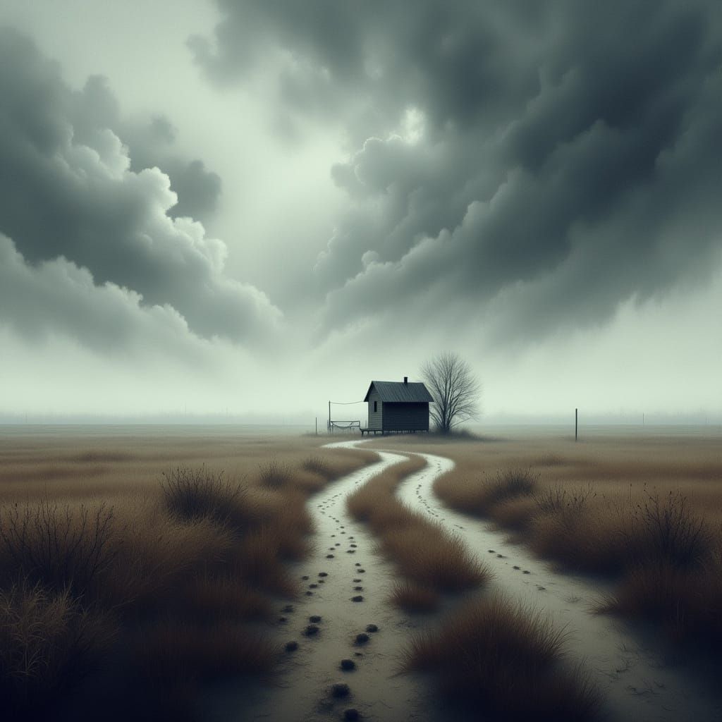 Small House on Abandoned Prairie Under Threatening Sky