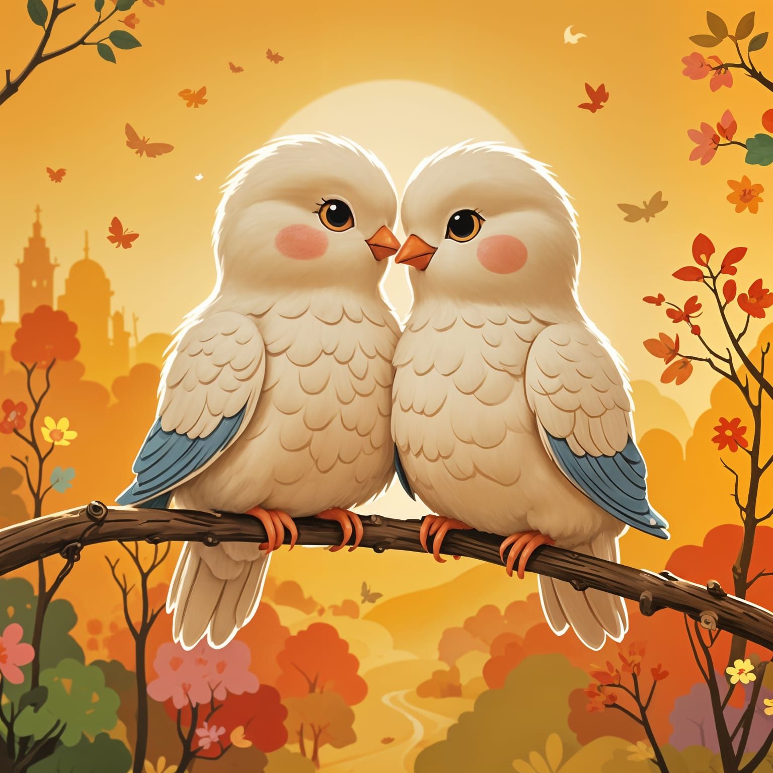 Whimsical Dove Pair in Soft, Golden Light