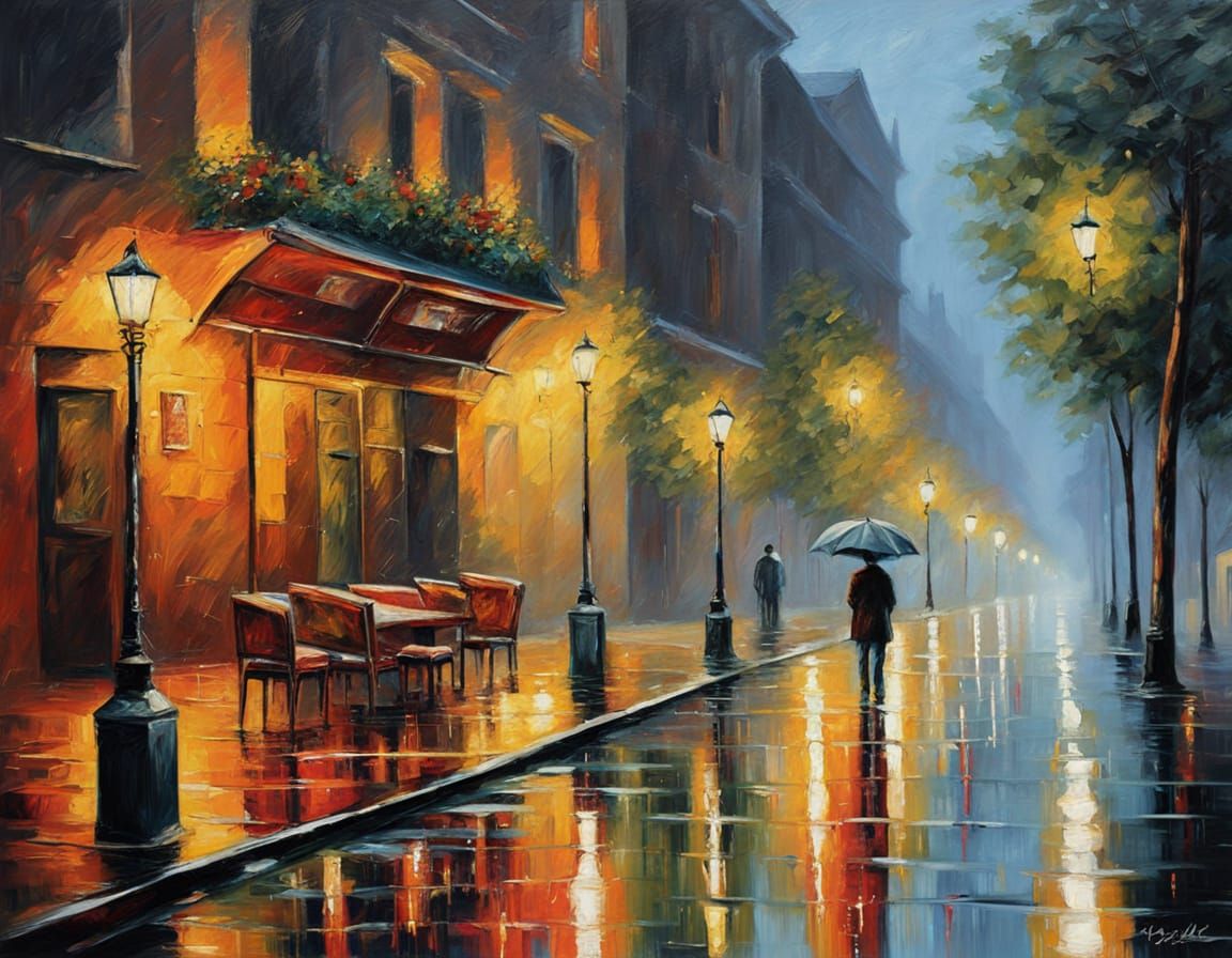 Impressionistic Rainy Street Scene with Table and Chairs