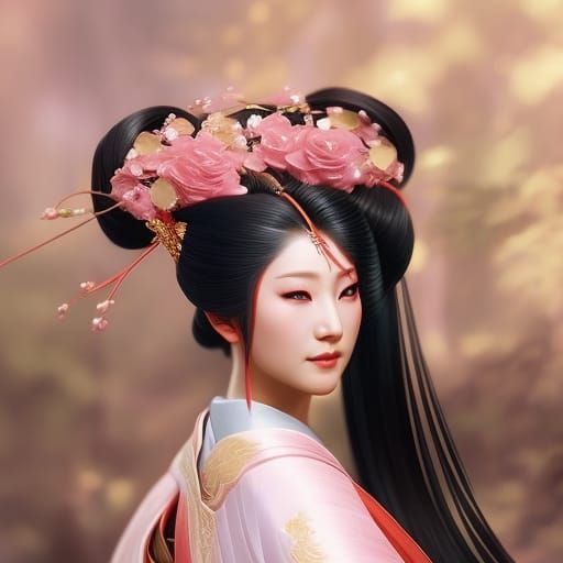 Geisha Portrait with Cherry Blossoms and Fireflies