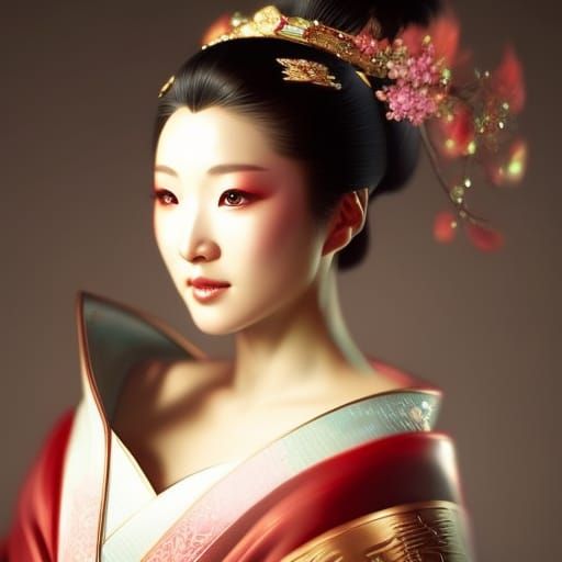 Geisha Portrait with Fireflies and Cherry Blossoms