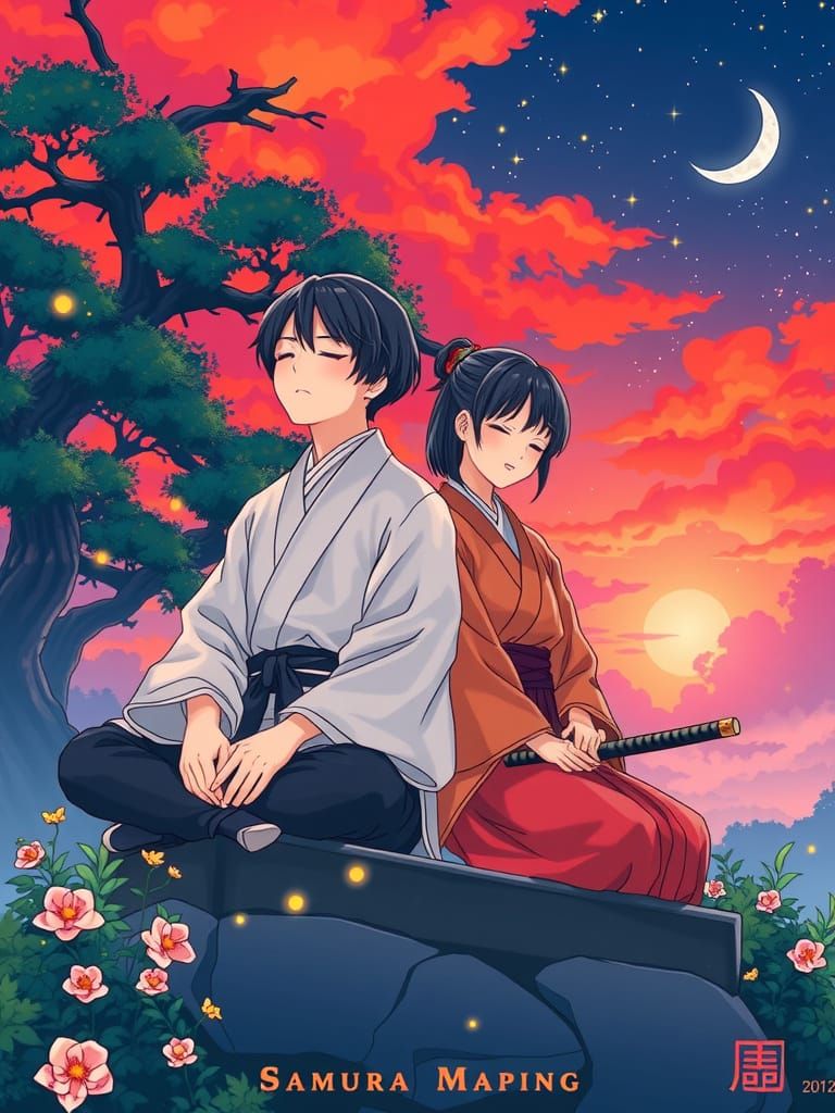 Meditating Samurai Couple in Anime Style
