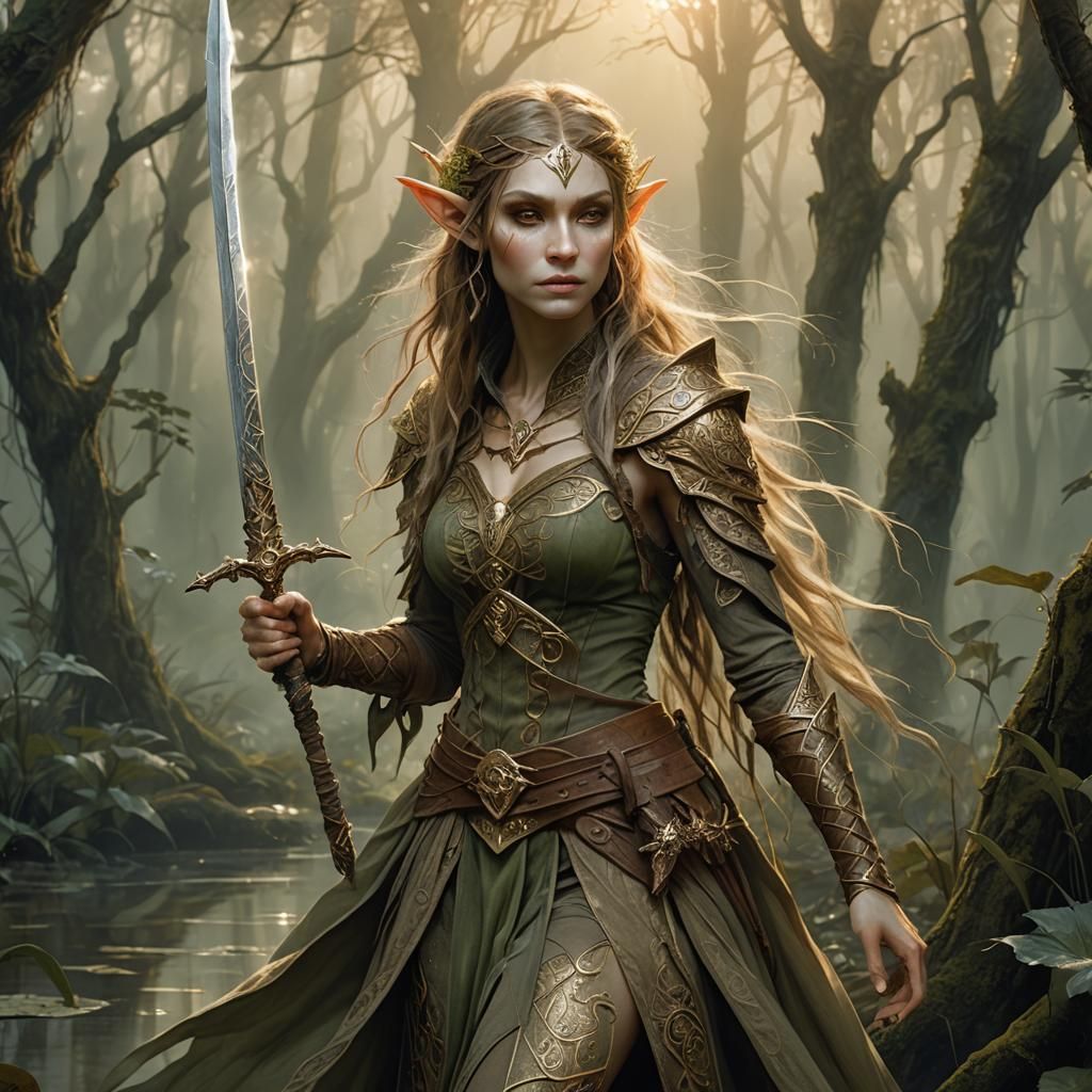Forest Elf with Glowing Sword in Misty Swamp